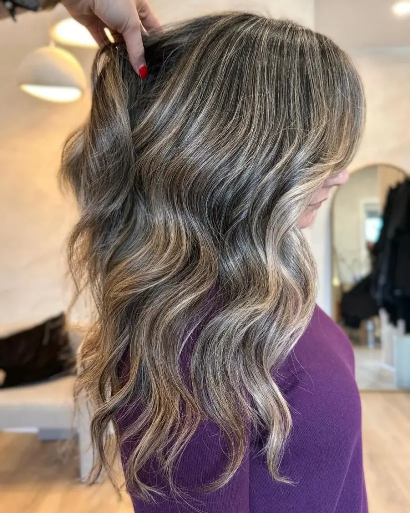 Grey blending highlights with bright pops around the face, by Sarah